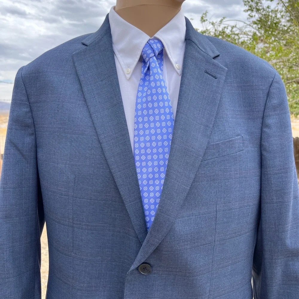 New Banana Republic Blazer Men 44R Blue Slim Fit Glen Plaid Suit Jacket Stretch